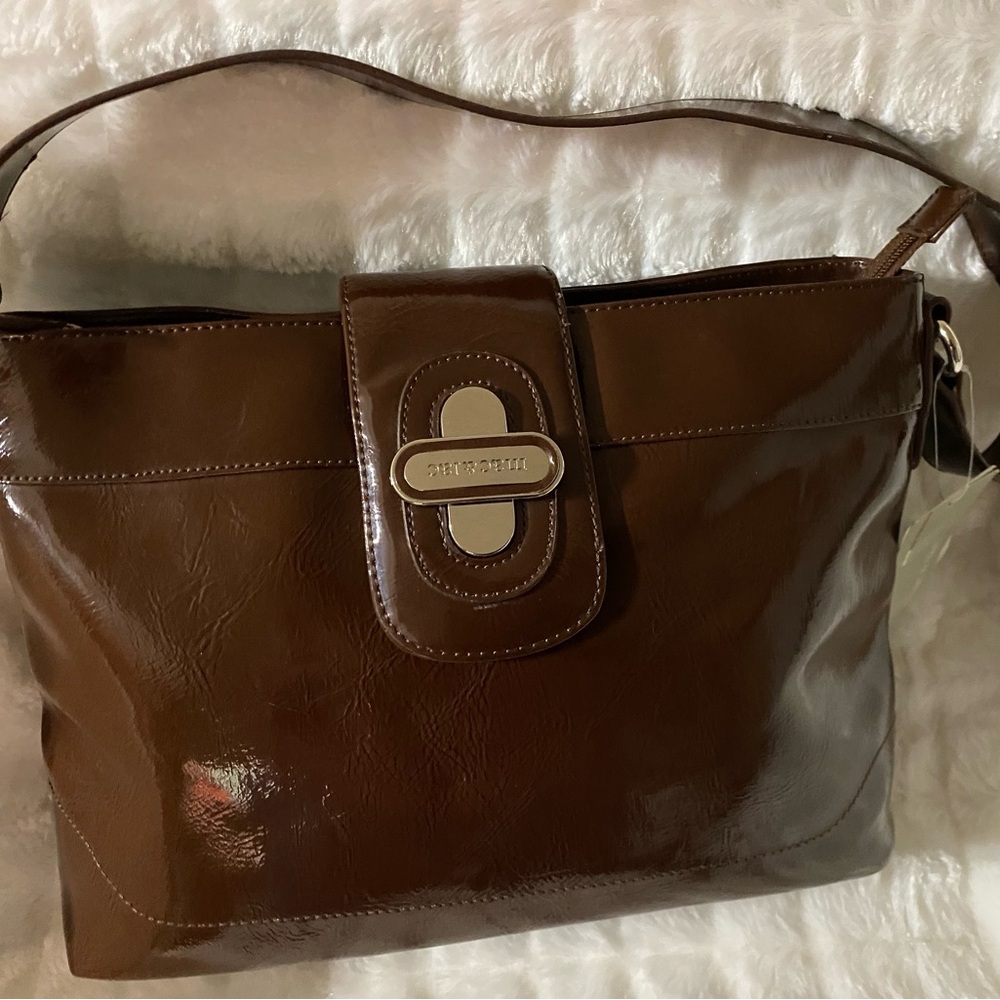 Mac & Jac Brown Patent Leather Bag, New with Tags, 14”